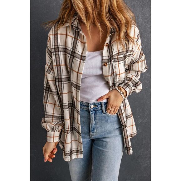 Azura Exchange  White Oversized Plaid Pattern Shacket with Slits - Picture 1 of 15
